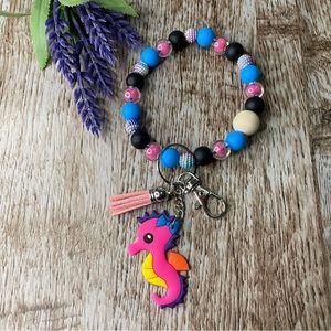 Wristlet Seahorse Pink Keychain Silicone Beaded Handmade Bracelet Custom Key
